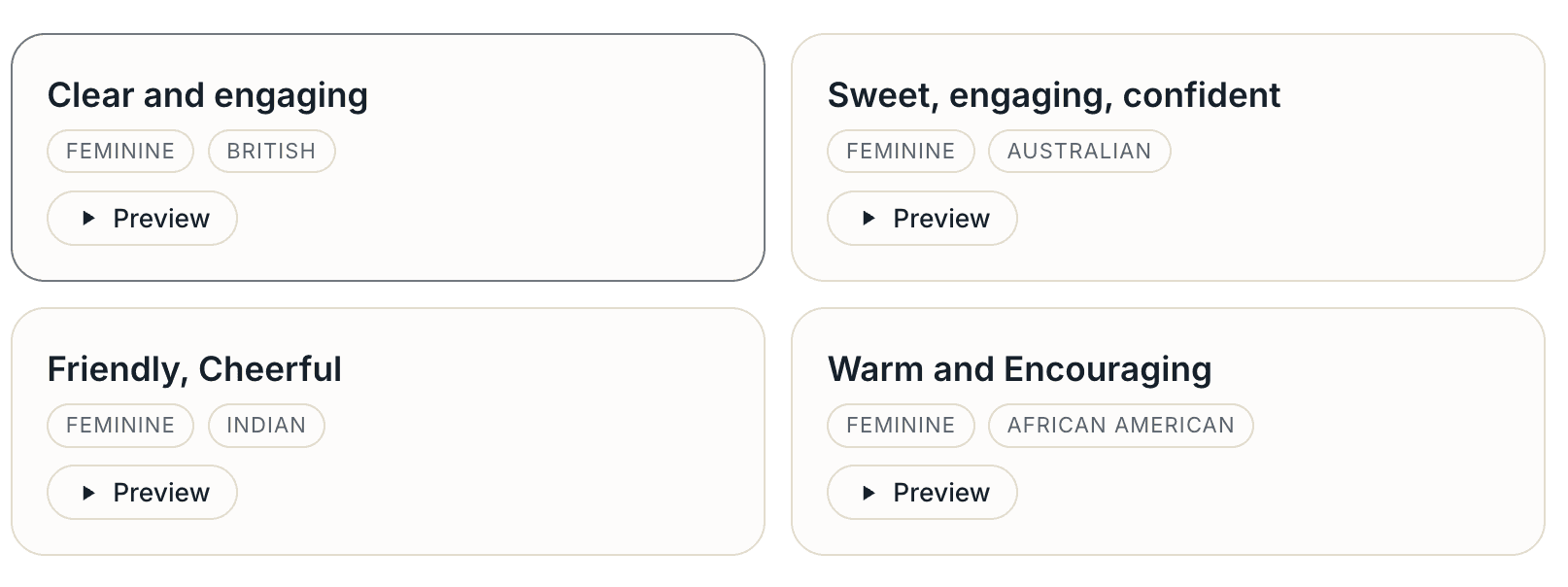 Four voice cards labeled Clear and engaging, Sweet engaging confident, Friendly Cheerful and Warm and Encouraging