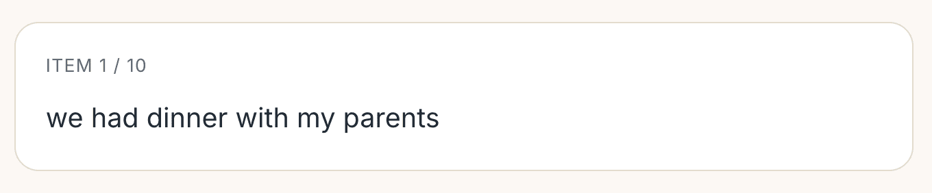 A conversational prompt card reading 'we had dinner with my parents', labeled item 1 of 10