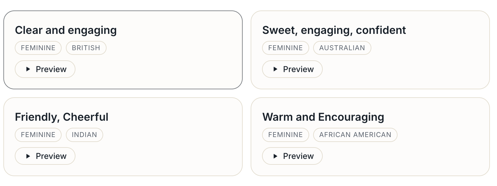Four voice cards labeled Clear and engaging, Sweet engaging confident, Friendly Cheerful and Warm and Encouraging